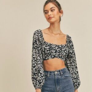 Lush Black & White Floral Long Sleeve Crop Top